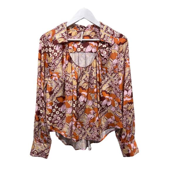 Free People Top Womens XS Satin Warm Tone Floral Print U-Neck Collared Blouse - Picture 3 of 13